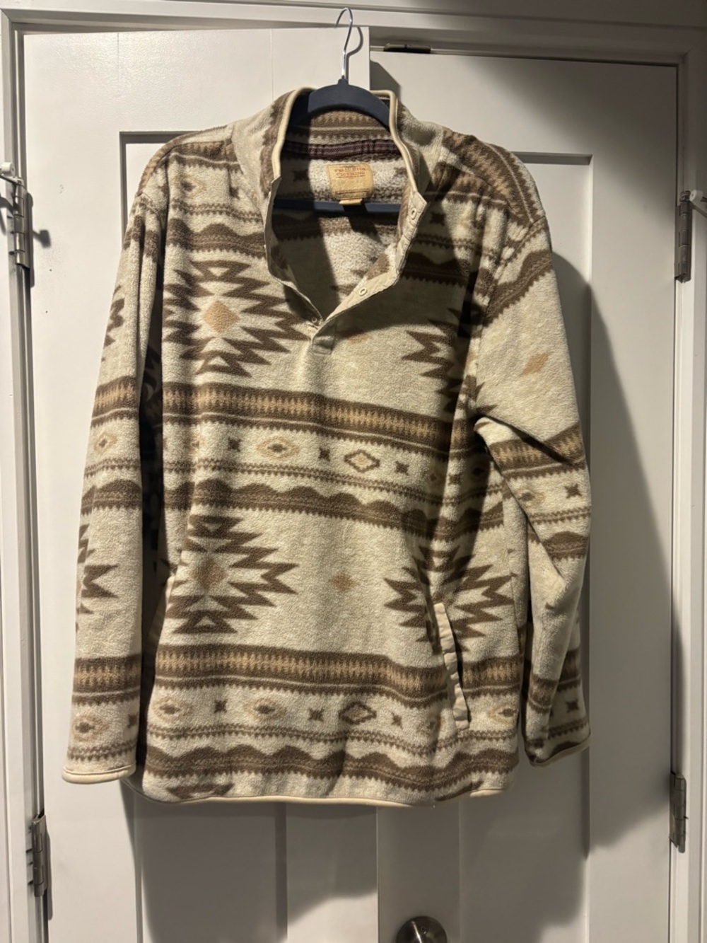 Men's Zip-Up Fleece Sweater Jacket - Cream & Brown Pattern